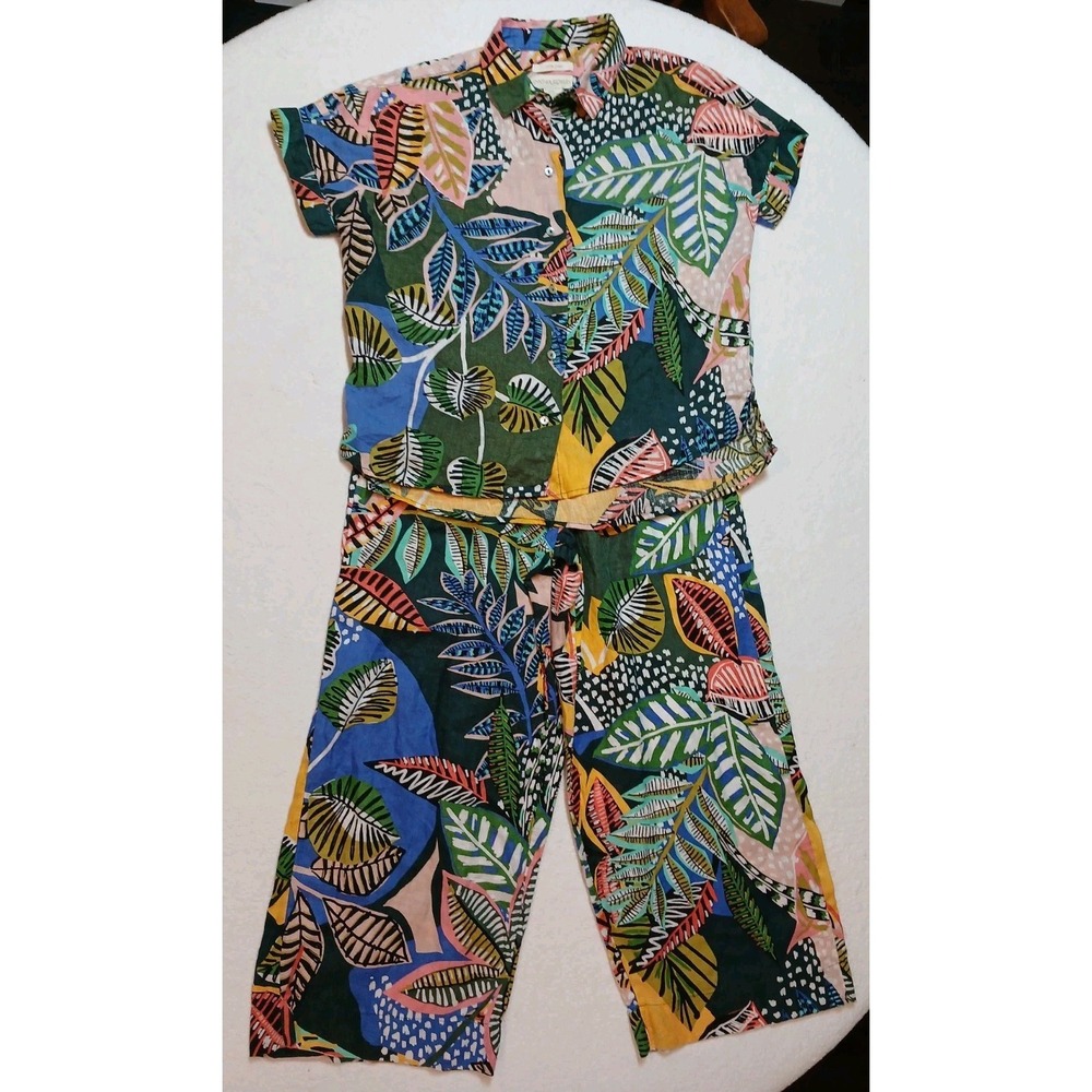 Cynthia Rowley Linen Tropical Leaf Print 2pc Set Top XS Pants S Wide Leg Resort
